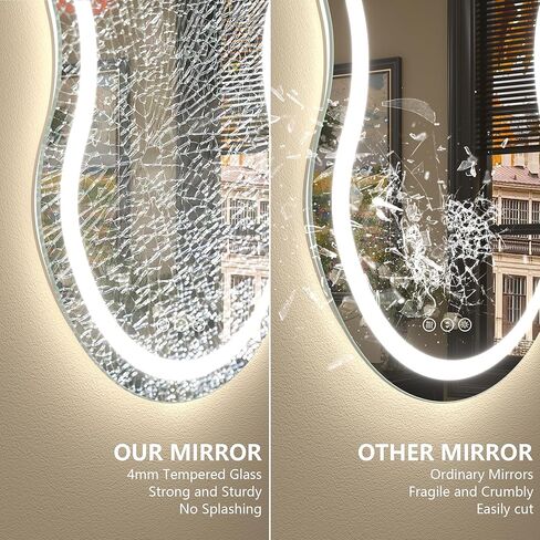 مرآة حمام LED غير متناظرة مقاس 24 × 36 بوصة، مرآة زينة بإضاءة LED غير منتظمة مع أضواء للجدار، مضادة للضباب، قابلة للتعتيم، 3 ألوان، ذاكرة (أفقي/عمودي) in Kuwait