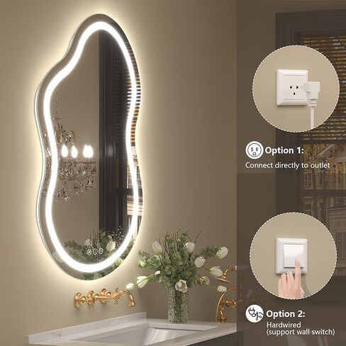 مرآة حمام LED غير متناظرة مقاس 24 × 36 بوصة، مرآة زينة بإضاءة LED غير منتظمة مع أضواء للجدار، مضادة للضباب، قابلة للتعتيم، 3 ألوان، ذاكرة (أفقي/عمودي) in Kuwait