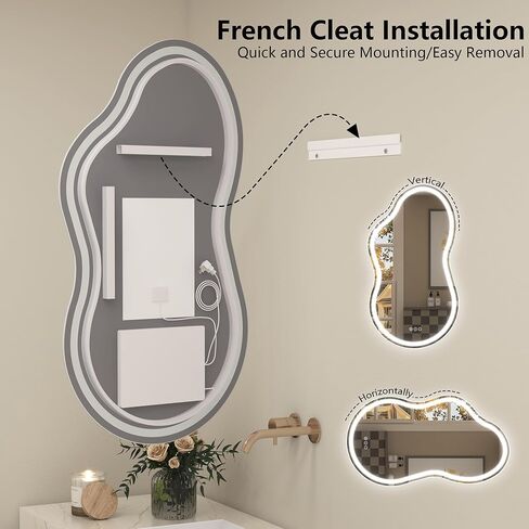 مرآة حمام LED غير متناظرة مقاس 24 × 36 بوصة، مرآة زينة بإضاءة LED غير منتظمة مع أضواء للجدار، مضادة للضباب، قابلة للتعتيم، 3 ألوان، ذاكرة (أفقي/عمودي) in Kuwait