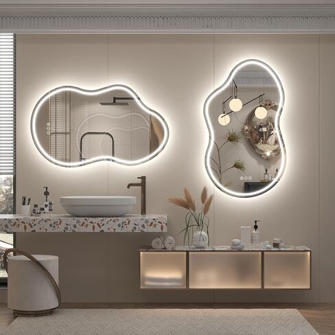 مرآة حمام LED غير متناظرة مقاس 24 × 36 بوصة، مرآة زينة بإضاءة LED غير منتظمة مع أضواء للجدار، مضادة للضباب، قابلة للتعتيم، 3 ألوان، ذاكرة (أفقي/عمودي) in Kuwait