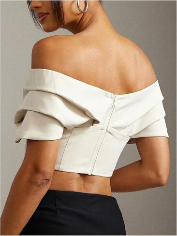 WDIRARA Women's Ruched Off Shoulder Crop Tops Zip Back Short Sleeve Dressy Casual Blouse in Saudi Arabia