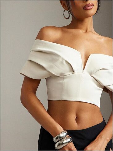 WDIRARA Women's Ruched Off Shoulder Crop Tops Zip Back Short Sleeve Dressy Casual Blouse in Saudi Arabia
