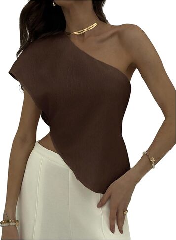 SHENHE Women's One Shoulder Asymmetrical Blouses Shirt Textured Short Sleeve Dressy Casual Tops in Saudi Arabia