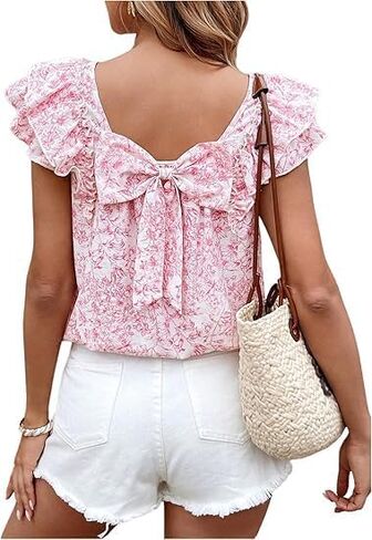 Chvity Women Butterfly Sleeve Blouse Casual Loose Fit Bow Short Sleeve Tops Going Out Office Work Shirts in Saudi Arabia