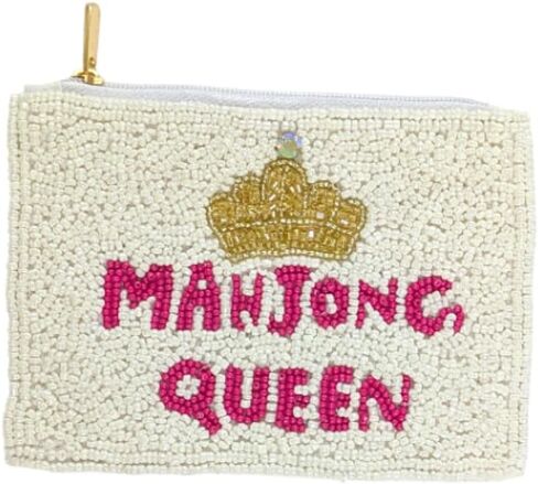 محفظة عملات معدنية مطرزة من Mahjong Queen - حقيبة بسحاب بيضاء مع تصميم التاج، إكسسوار مطرز يدويًا لألعاب Mahjong Night in Saudi Arabia