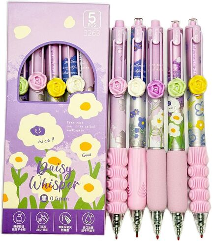 Cute Purple Daisy Flower Rose Pens, Retractable Aesthetic Floral Pens, with Romantic 3D Rose Clip, Soft Grip, Black Ink for Girls Women, Teachers, Valentine's Day, Set of 10 Pcs, Flower in Saudi Arabia