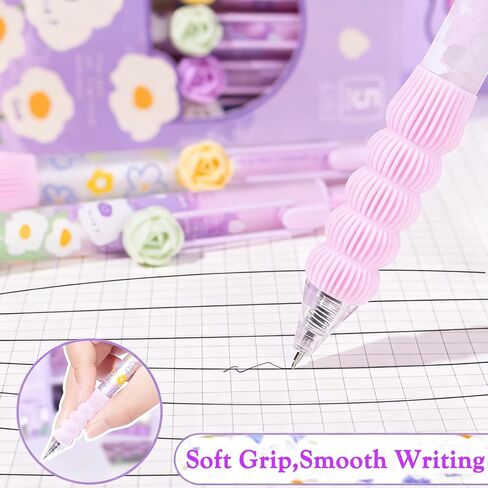 Cute Purple Daisy Flower Rose Pens, Retractable Aesthetic Floral Pens, with Romantic 3D Rose Clip, Soft Grip, Black Ink for Girls Women, Teachers, Valentine's Day, Set of 10 Pcs, Flower in Saudi Arabia