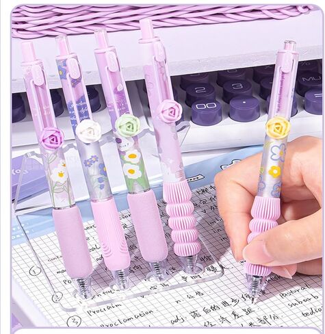 Cute Purple Daisy Flower Rose Pens, Retractable Aesthetic Floral Pens, with Romantic 3D Rose Clip, Soft Grip, Black Ink for Girls Women, Teachers, Valentine's Day, Set of 10 Pcs, Flower in Saudi Arabia