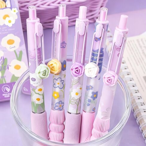 Cute Purple Daisy Flower Rose Pens, Retractable Aesthetic Floral Pens, with Romantic 3D Rose Clip, Soft Grip, Black Ink for Girls Women, Teachers, Valentine's Day, Set of 10 Pcs, Flower in Saudi Arabia