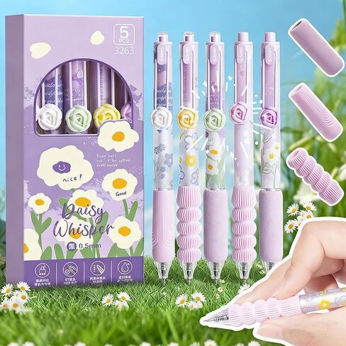 Cute Purple Daisy Flower Rose Pens, Retractable Aesthetic Floral Pens, with Romantic 3D Rose Clip, Soft Grip, Black Ink for Girls Women, Teachers, Valentine's Day, Set of 10 Pcs, Flower in Saudi Arabia