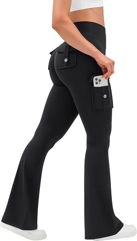 OLCHEE Womens Yoga Pants Flare Leggings with Cargo Pockets Scrunch Butt Lifting High Waist Gym Workout Bootcut Inseam 33" - Black Size Medium in Kuwait