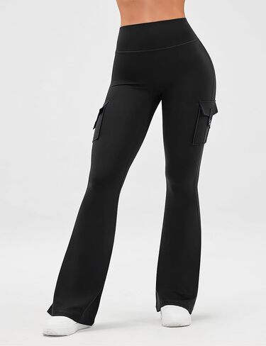 OLCHEE Womens Yoga Pants Flare Leggings with Cargo Pockets Scrunch Butt Lifting High Waist Gym Workout Bootcut Inseam 33" - Black Size Medium in Kuwait