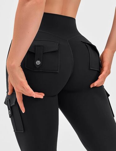 OLCHEE Womens Yoga Pants Flare Leggings with Cargo Pockets Scrunch Butt Lifting High Waist Gym Workout Bootcut Inseam 33" - Black Size Medium in Kuwait