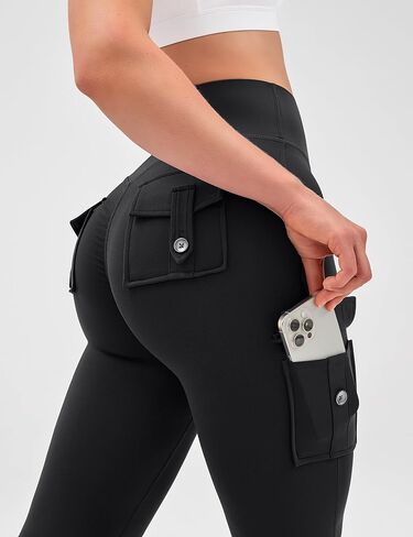 OLCHEE Womens Yoga Pants Flare Leggings with Cargo Pockets Scrunch Butt Lifting High Waist Gym Workout Bootcut Inseam 33" - Black Size Medium in Kuwait