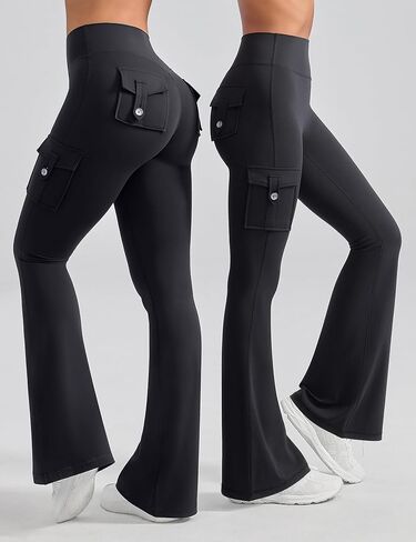 OLCHEE Womens Yoga Pants Flare Leggings with Cargo Pockets Scrunch Butt Lifting High Waist Gym Workout Bootcut Inseam 33" - Black Size Medium in Kuwait