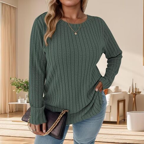 Womens Plus Size Sweatshirts Fashion Long Sleeve Crewneck Cute Color Block Casual Oversized Pullover Shirts Green 2XL in Saudi Arabia