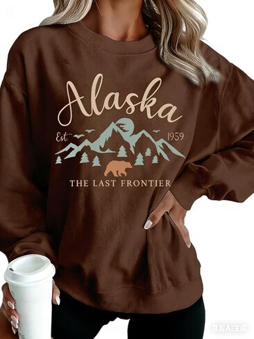 سترة YourTops النسائية Alaska The Last Frontier بياقة دائرية - Alaska Est 1959 Mountain Bear Nature Pullover in Kuwait