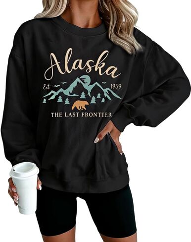 YourTops Women's Alaska The Last Frontier Crewneck Sweatshirt - Alaska Est 1959 Mountain Bear Nature Pullover Top in Saudi Arabia