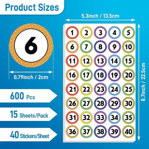 600 قطعة من ملصقات الأرقام مقاس 1 بوصة للفصل الدراسي 1-40، 15 ورقة مقاس 1 بوصة ملصقات أرقام منقطة ذاتية اللصق مقاومة للماء مناسبة لصناديق التخزين والخزائن وأرفف الكتب والمكاتب والكراسي in Kuwait