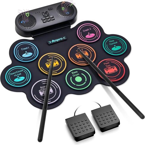 Anpro Electric Drum Set, 9 Drum Pad with Dual Stereo Speakers, Roll-up Electronic Drum Kit with Drum Pedals Drum Sticks, Support Headphone/Bluetooth/MIDI Practice, Gift for Children and Adult Beginner in Kuwait