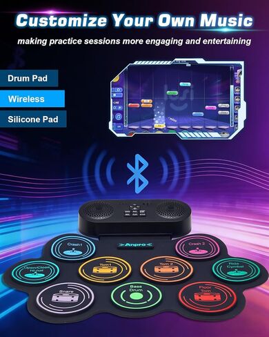 Anpro Electric Drum Set, 9 Drum Pad with Dual Stereo Speakers, Roll-up Electronic Drum Kit with Drum Pedals Drum Sticks, Support Headphone/Bluetooth/MIDI Practice, Gift for Children and Adult Beginner in Kuwait