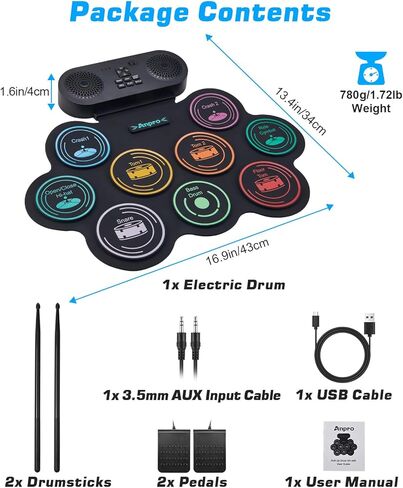 Anpro Electric Drum Set, 9 Drum Pad with Dual Stereo Speakers, Roll-up Electronic Drum Kit with Drum Pedals Drum Sticks, Support Headphone/Bluetooth/MIDI Practice, Gift for Children and Adult Beginner in Kuwait