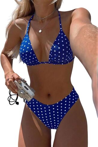 Fanuerg Women's Halter Triangle Bikini Sets Polka Dots Print Two Piece Swimsuit Cheeky Bathing Suit in Kuwait