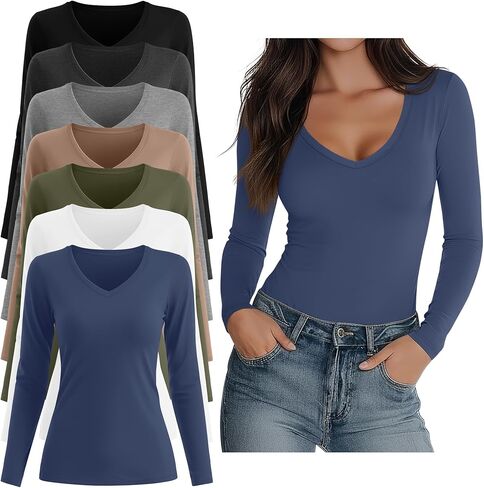 7 Pack Women's V Neck T Shirts Long Sleeve Tee Shirts Slim Casual Multi Pack Fitted Fall Going Out Basic Tops in Kuwait