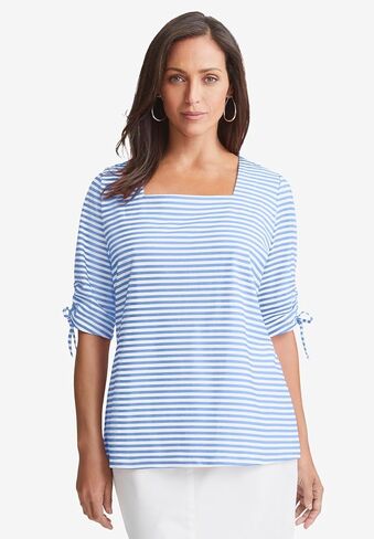 Jessica London Women's Plus Size Stretch Cotton Tie Sleeve Square Neck Tee in Saudi Arabia