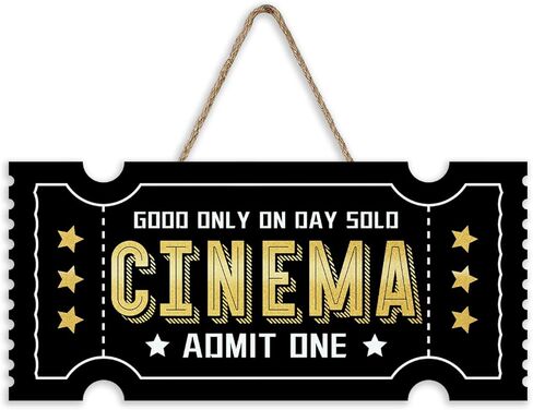 Vintage Cinema Ticket Front Door Sign, Retro Black Gold Wood Plaque Hanger Film Theater Movie Room Home Decor, Wooden Wreath Indoor Wall Hanging Decoration Movie Lover Gift in Kuwait