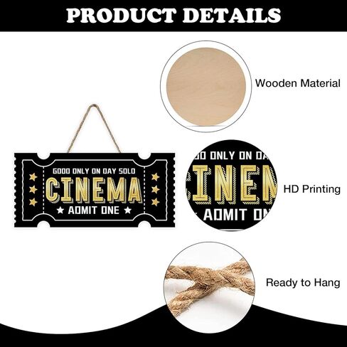 Vintage Cinema Ticket Front Door Sign, Retro Black Gold Wood Plaque Hanger Film Theater Movie Room Home Decor, Wooden Wreath Indoor Wall Hanging Decoration Movie Lover Gift in Kuwait