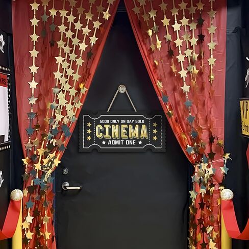 Vintage Cinema Ticket Front Door Sign, Retro Black Gold Wood Plaque Hanger Film Theater Movie Room Home Decor, Wooden Wreath Indoor Wall Hanging Decoration Movie Lover Gift in Kuwait