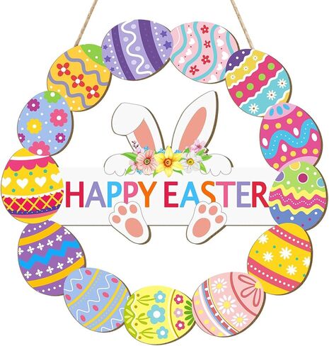 Wooden Easter Decoration Door Wreath for Front Door Sign Wall Signs Rabbit Spring Door Decor, Hollow Bunny Sign Flower Egg Welcome Hanging for Home Wall Decor Party Outdoor Indoor (Easter-Cross) in Saudi Arabia