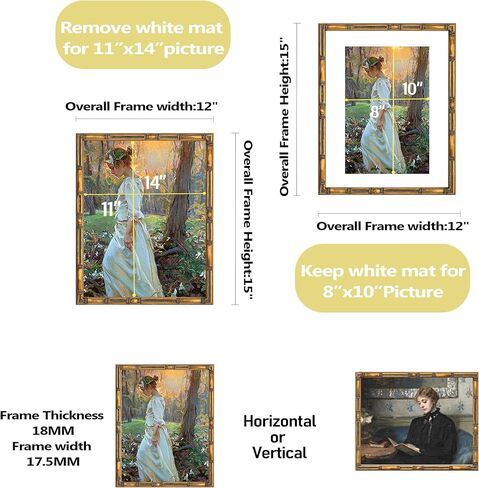ArtXO 11"x14" Picture Frame Wooden, Display Pictures 8"x10" with Mat or 11"x14" Without Mat,Gold Bamboo Poster Frames,Hanging Photo Frame Wall in Saudi Arabia