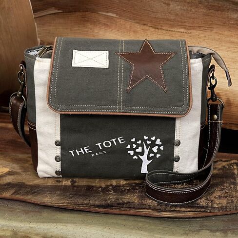 CLA Bags, Upcycled Canvas Small Star Crossbody Bag, Upcycled Canvas & Cowhide Leather Crossbody Bag for Women (Grey) in Kuwait