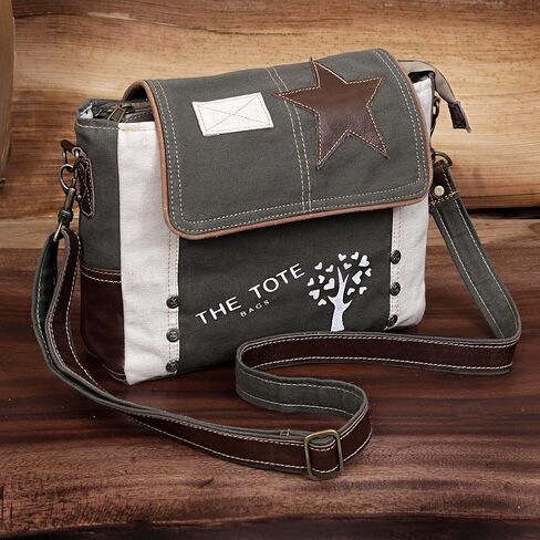 CLA Bags, Upcycled Canvas Small Star Crossbody Bag, Upcycled Canvas & Cowhide Leather Crossbody Bag for Women (Grey) in Kuwait