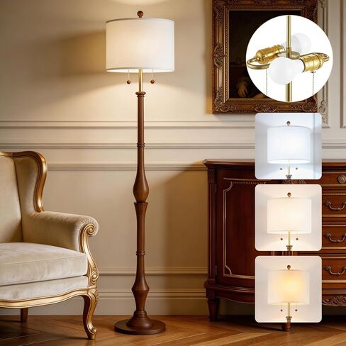 مصباح أرضي من الخشب الطبيعي مقاس 67.5 بوصة مع قاعدة خشبية عتيقة وظل من الكتان ومفاتيح سلسلة سحب مزدوجة على شكل حرف S، مصباح أرضي ريفي لغرفة النوم وغرفة المعيشة والمكتب (المصباح متضمن) in Kuwait