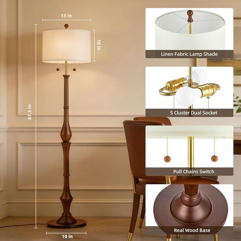 مصباح أرضي من الخشب الطبيعي مقاس 67.5 بوصة مع قاعدة خشبية عتيقة وظل من الكتان ومفاتيح سلسلة سحب مزدوجة على شكل حرف S، مصباح أرضي ريفي لغرفة النوم وغرفة المعيشة والمكتب (المصباح متضمن) in Kuwait