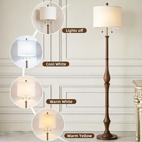 مصباح أرضي من الخشب الطبيعي مقاس 67.5 بوصة مع قاعدة خشبية عتيقة وظل من الكتان ومفاتيح سلسلة سحب مزدوجة على شكل حرف S، مصباح أرضي ريفي لغرفة النوم وغرفة المعيشة والمكتب (المصباح متضمن) in Kuwait