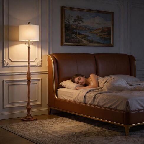 مصباح أرضي من الخشب الطبيعي مقاس 67.5 بوصة مع قاعدة خشبية عتيقة وظل من الكتان ومفاتيح سلسلة سحب مزدوجة على شكل حرف S، مصباح أرضي ريفي لغرفة النوم وغرفة المعيشة والمكتب (المصباح متضمن) in Kuwait