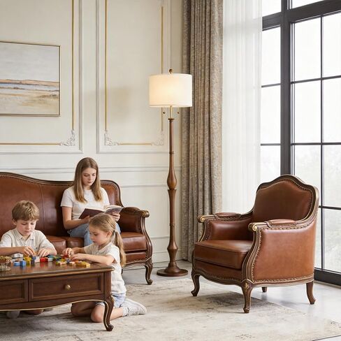 مصباح أرضي من الخشب الطبيعي مقاس 67.5 بوصة مع قاعدة خشبية عتيقة وظل من الكتان ومفاتيح سلسلة سحب مزدوجة على شكل حرف S، مصباح أرضي ريفي لغرفة النوم وغرفة المعيشة والمكتب (المصباح متضمن) in Kuwait