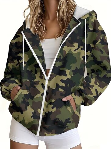 Christmas Women's Fashion Sweatshirts Camo Print Zip Up Hoodie Full Zip Design Streetwear Long Sleeve Top Coat in Saudi Arabia