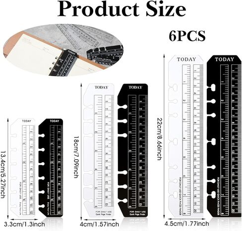 6 Pcs Black/Clear Journal Ruler Page Marker Planner Ruler Spiral Notebook Bookmark A5 6-Binder Rulers with Holes Measuring Tool in Kuwait