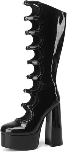 Frankie Hsu Gothic Lolita Women's Large Size Buckle Strap Black Patent Leather Platform Chunky Block Knee High Heeled Boots in Kuwait