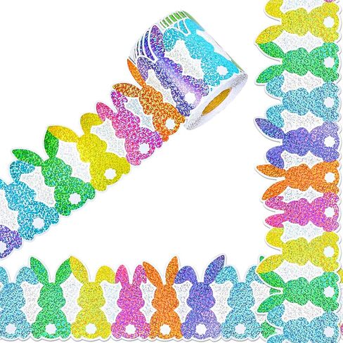 65.6 Ft Easter Bunny Holographic Bulletin Board Border Colorful Rabbit Sparkly Die Cut Border Trim Roll for Home Classroom Spring Party Wall Decoration in Saudi Arabia