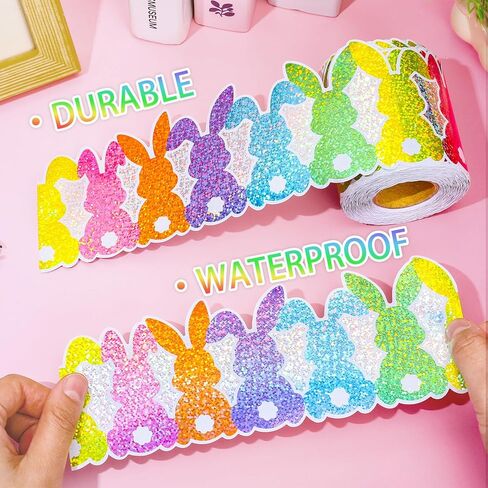 65.6 Ft Easter Bunny Holographic Bulletin Board Border Colorful Rabbit Sparkly Die Cut Border Trim Roll for Home Classroom Spring Party Wall Decoration in Saudi Arabia