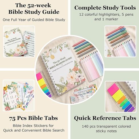 مجموعة مجلة دراسة الكتاب المقدس لمدة 52 أسبوعًا للنساء، مخطط قراءة الكتاب المقدس والتأمل لمدة عام، دفتر ملاحظات تعبدي مسيحي مع أقلام تمييز وأقلام وعلامات تبويب الفهرسة، مجموعة مذكرات دينية مقاس A5 in Kuwait