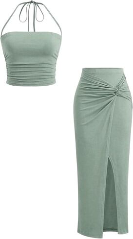 Verdusa Women's 2 Piece Vacation Outfits Ruched Crop Halter Top with Slit Bodycon Long Skirt Going Out Sets in Kuwait