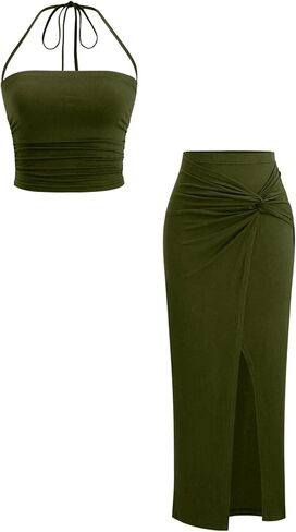 Verdusa Women's 2 Piece Vacation Outfits Ruched Crop Halter Top with Slit Bodycon Long Skirt Going Out Sets in Saudi Arabia