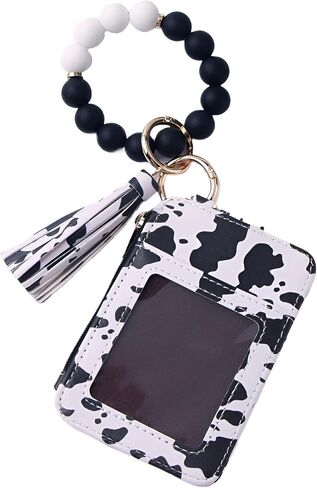 1Pcs Vibrant Leopard Black White Cow Print Silicone Beaded Wristlet Adjustable Keychain with Wallet Card Holder for Women Stylish Accessory in Saudi Arabia